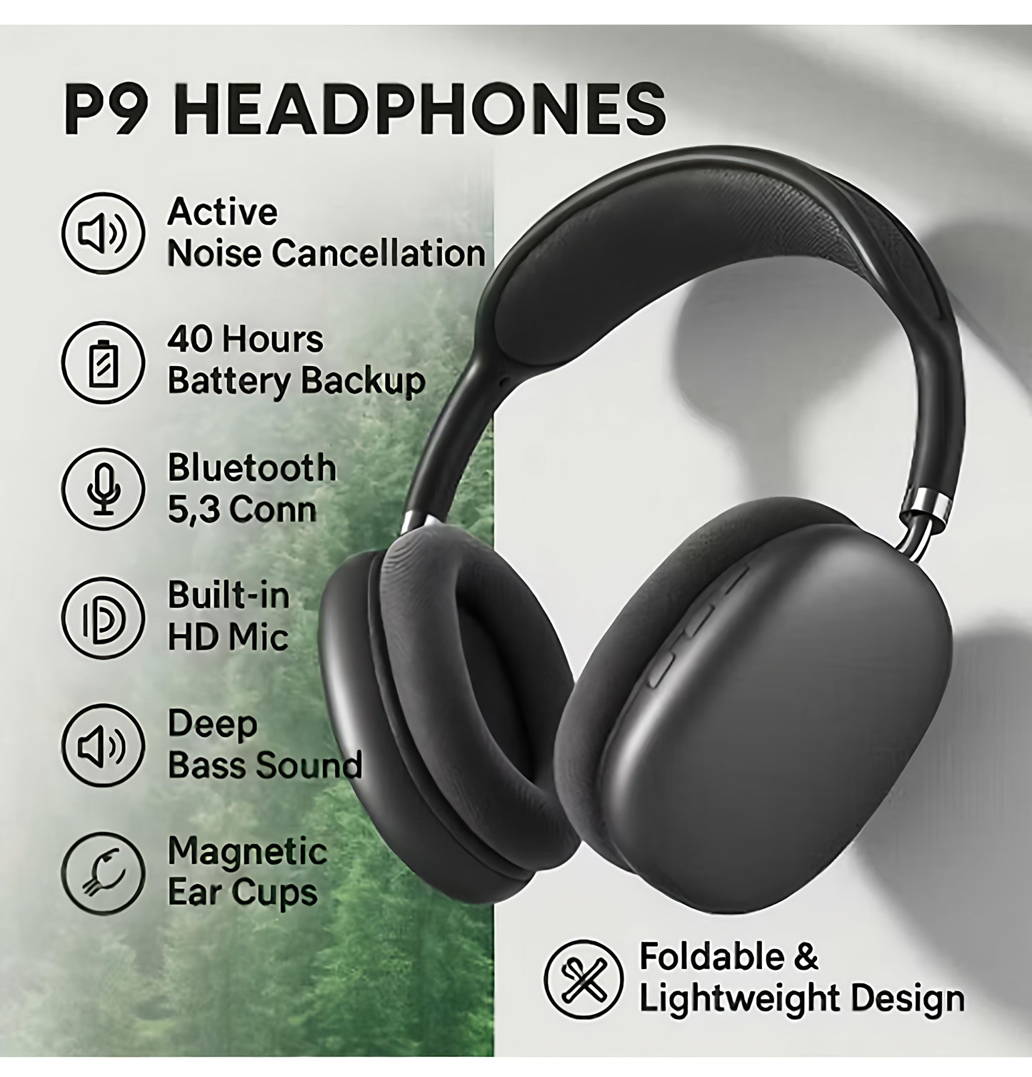 P9 Wireless Bluetooth Headphones | Over-Ear Noise Isolation | Deep Bass | Long Battery Life